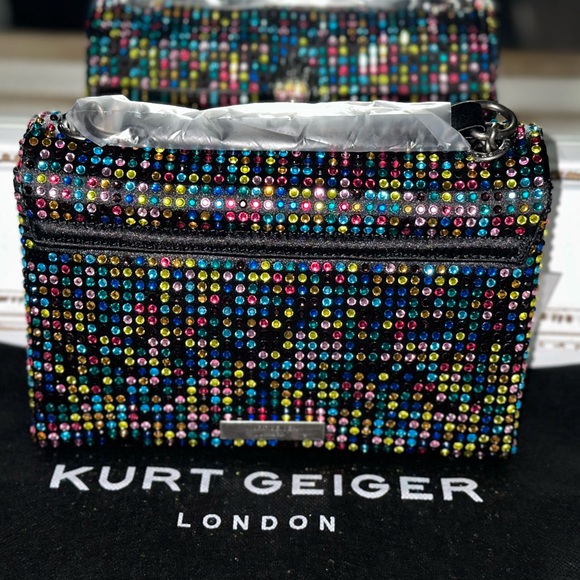 Kurt Geiger London Black Fabric Multicolor Rhinestone Medium Crossbody Bag - Picture 2 of 10